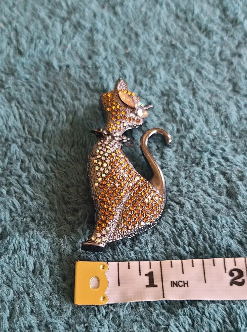 Crystal Cat Brooch Pin With Amber and Iridescent Stones